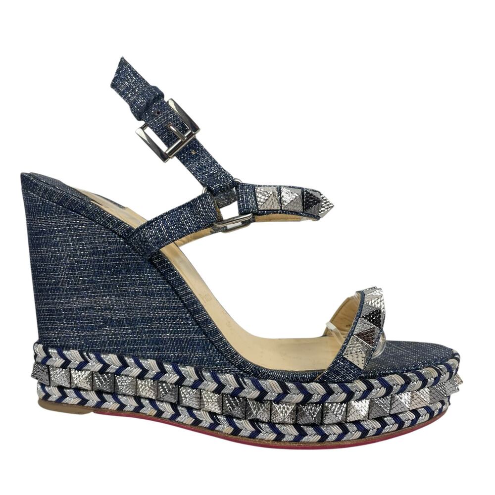 Christian Louboutin Lame Lux Pyraclou 110 Denim Wedge Sandal Blue Size 41 - Picture 4 of 14